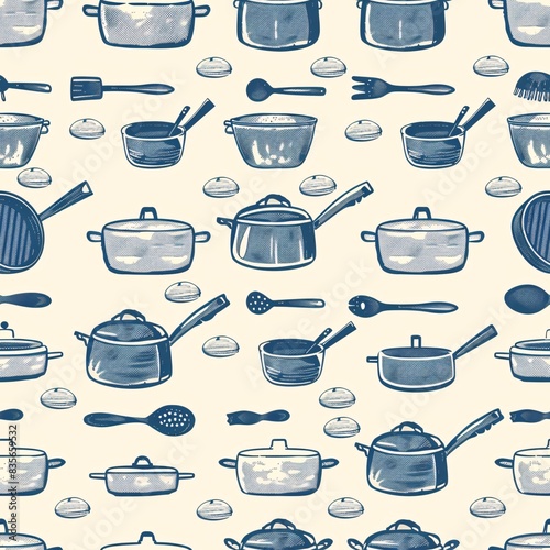 A detailed seamless pattern featuring different types of cookware such as skillets, saucepans, and baking trays, creating an elegant repetitive design