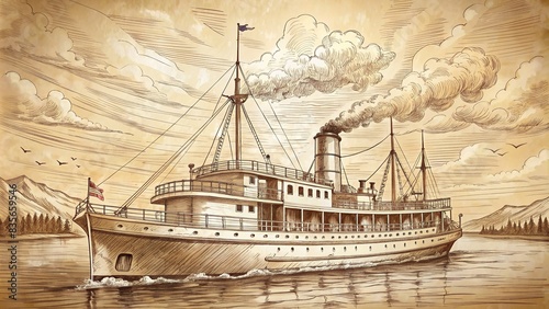 Vintage steam ship sketch on background, vintage, steam ship, sketch,, background, old, classic, retro, nautical, maritime, historical, transportation, sea, ocean, vessel, boat photo