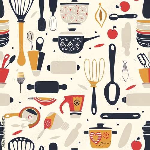 A seamless pattern with a variety of kitchen items including rolling pins, oven mitts, and measuring spoons, artistically arranged for a continuous layout