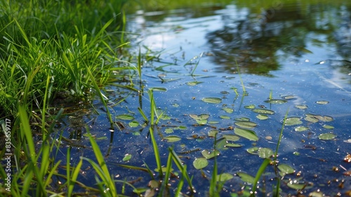 Grass by the river s edge Debris at pond s surface