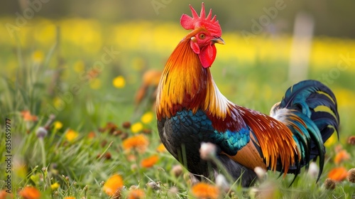 Vibrant rooster resting in the meadow © TheWaterMeloonProjec