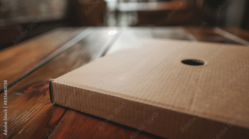 closeup of closed brown cardboard pizza box, minimalist dining table background. Ai generated Images