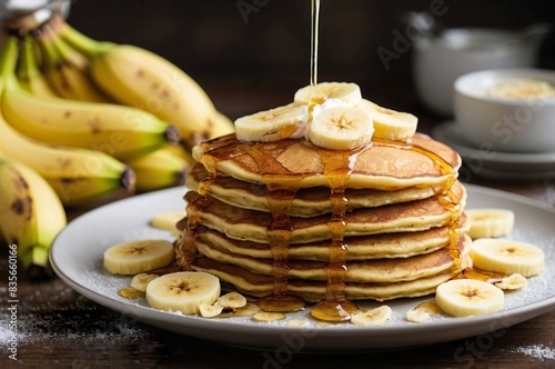 Banana Pancakes Stack: a stack of fluffy banana pancakes on a white plate, topped with sliced bananas, a pat of butter, and a generous drizzle of maple syrup cascading down the sides.