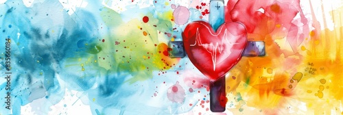 Vibrant watercolor heart with heartbeat line - A vivid watercolor heart intersected by a heartbeat rhythm line, evoking themes of health, love, and vitality photo