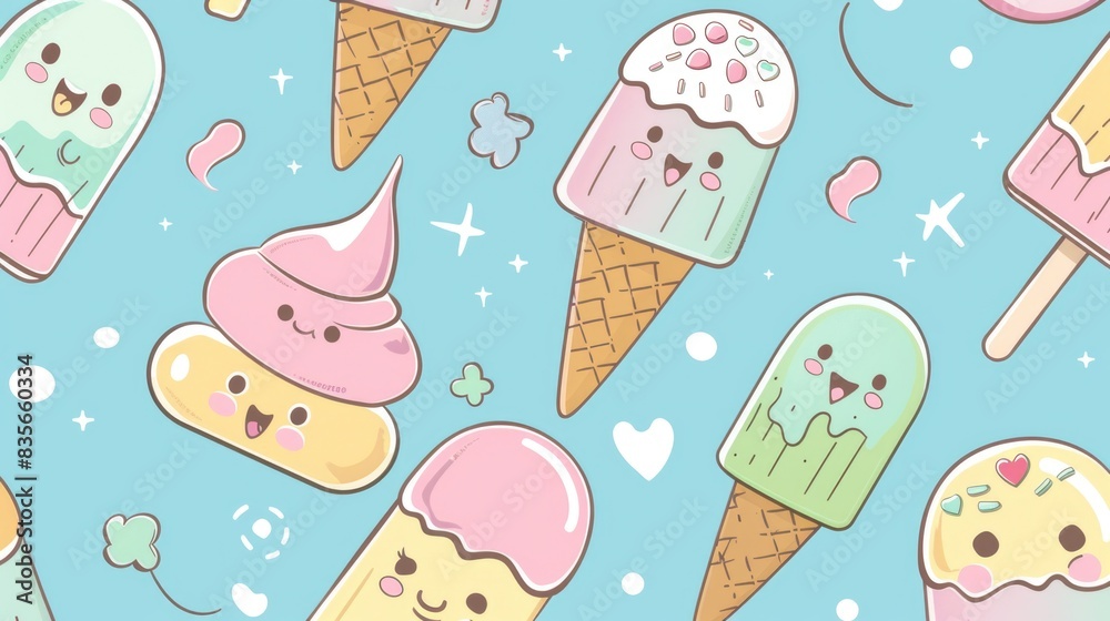 A seamless pastel-colored pattern featuring cute cartoon ice cream cones and popsicles with smiling faces, perfect for summer fabric designs A seamless pastel-colored pattern featuring cute cartoon ice cream cones and popsicles with smiling faces, perfect for summer fabric designs