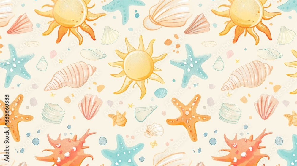 A delightful pattern with pastel cartoon sunshines, seashells, and starfish, capturing the essence of summer with a light and airy feel A delightful pattern with pastel cartoon sunshines, seashells, and starfish, capturing the essence of summer with a light and airy feel