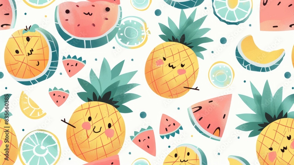 A charming pastel pattern featuring cartoon tropical fruits like pineapples, watermelons, and coconuts, with cute faces and summery vibes A charming pastel pattern featuring cartoon tropical fruits like pineapples, watermelons, and coconuts, with cute faces and summery vibes
