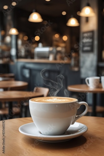 Coffee in cup with latte art in coffee shop