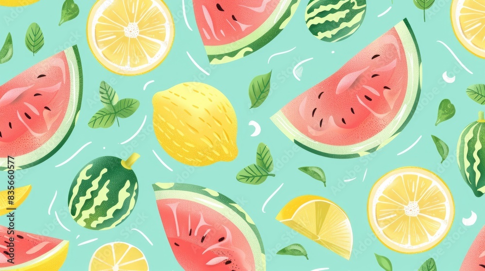 A charming pastel pattern with cartoon watermelons, lemon slices, and mint leaves, capturing the refreshing feel of summer fruits