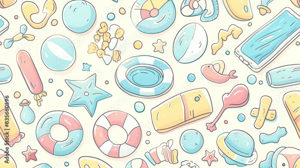 A cute pastel-colored pattern of cartoon swimming pools, floaties, and beach balls, creating a fun and splashy summer design A cute pastel-colored pattern of cartoon swimming pools, floaties, and beach balls, creating a fun and splashy summer design