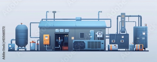 A flat vector illustration of an industrial air compressor with engine © worawut