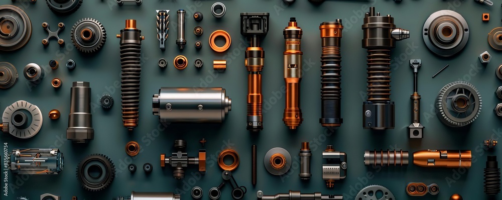 An overhead view of various engine parts An overhead view of various engine parts