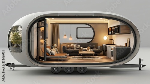 3D rendering of a tiny house on wheels