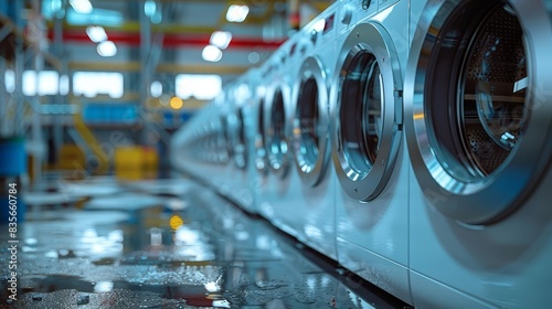 Close up of white washing machines in the background with blurred industrial warehouse High resolution photography with high details in the style of unreal engine stock photo