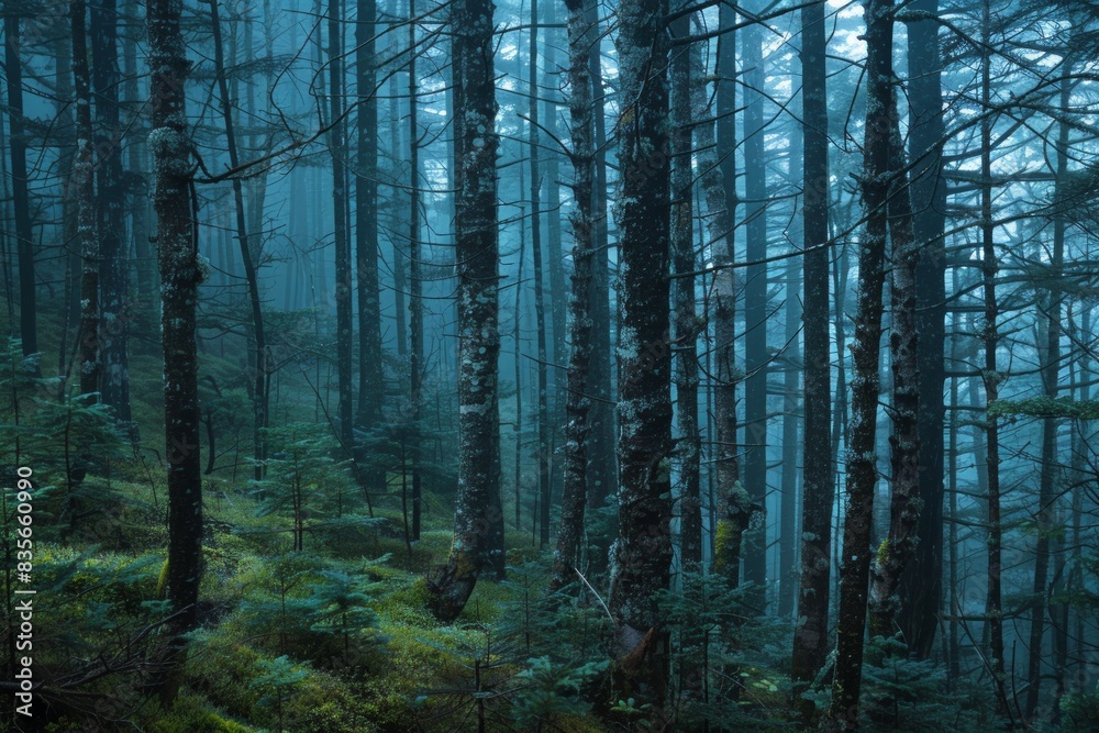 Obraz premium Foggy forest with mossy trees. Nature and tranquility concept.