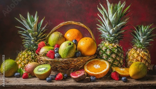Different tropical fruit isolated on red background  fresh and organic fruits for juices