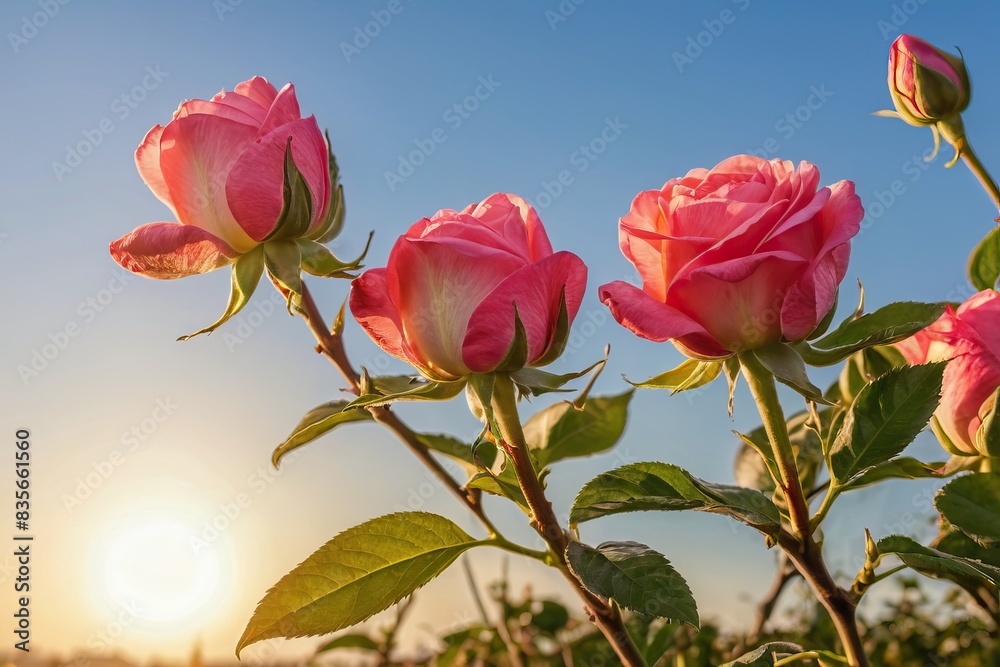 Obraz premium Pink roses bloom at sunrise. Beautiful nature background