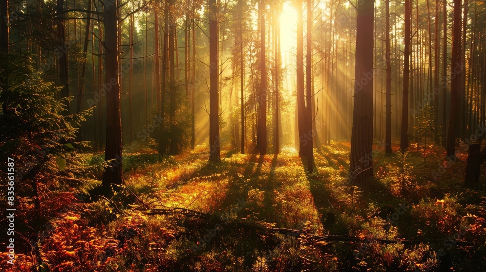 Obraz premium Serene Sunlit Forest Clearing with Stream