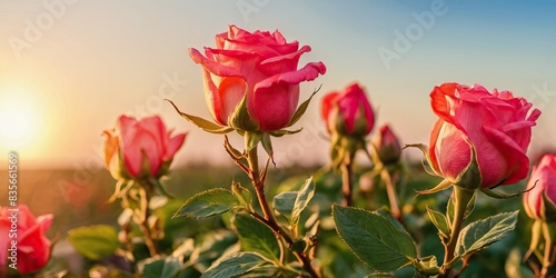 Pink roses bloom at sunrise. Beautiful nature background