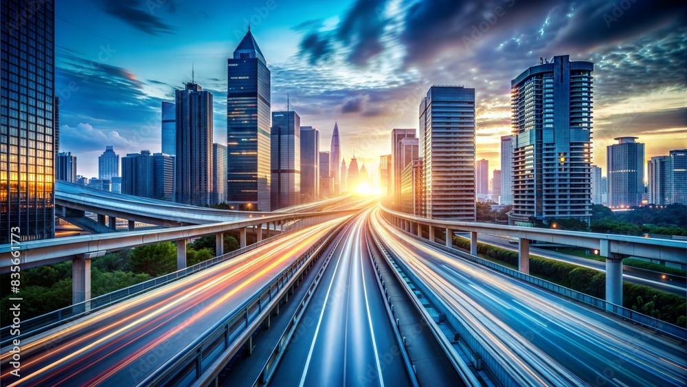 highway in city. High speed motion blur. Concept of leading in business, Hi tech products background, artificial intelligence, hyper loop, virtual highway in city. High speed motion blur. Concept of leading in business, Hi tech products background, artificial intelligence, hyper loop, virtual