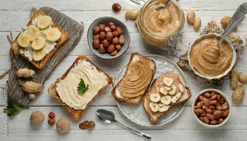 Different tasty toasts with nut butter and products on white wooden table  flat lay