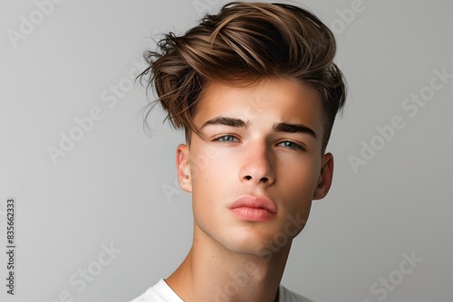 Handsome Young Man with Trendy Undercut Hairstyle Posing in Minimalist Studio Setting