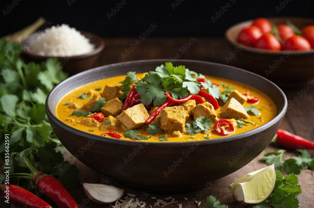 Coconut Curry: a steaming bowl of fragrant coconut curry with vegetables and tofu or chicken. Garnish the curry with a sprinkle of chopped cilantro and red chili flakes for added color and flavor. Coconut Curry: a steaming bowl of fragrant coconut curry with vegetables and tofu or chicken. Garnish the curry with a sprinkle of chopped cilantro and red chili flakes for added color and flavor.