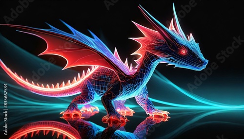 digital artwork of a baby dragon silhouette made from red and blue glowing geometric laser