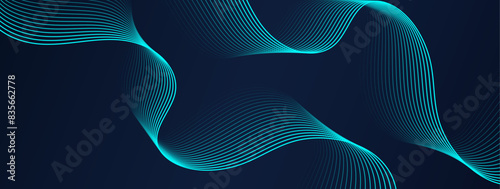 Technology abstract background with wavy light lines gradient flowing dynamic waves in blue green colors. Vector design template for web banner, brochure cover, AI technology, 5G, science, music flyer