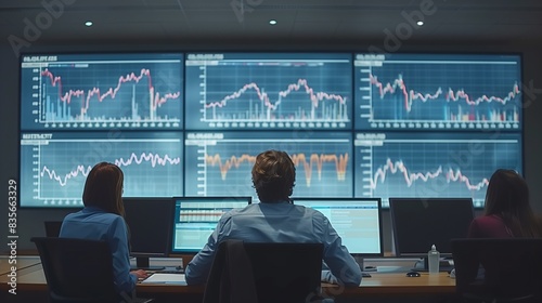 Financial Analyst Working on a Computer with Multi-Monitor Workstation with Real-Time Stocks, Commodities and Exchange Market Charts. Businessman Works in Investment Bank Downtown Office at Night.