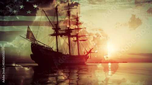 Double exposure of Christopher's ship and the USA flag in the background, commemorating Columbus Day and the discovery of America at sunrise. photo