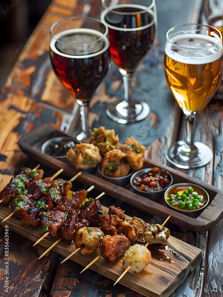 Wooden Platter of Appetizers and Beer Pairing for Gourmet Dining Experience Wooden Platter of Appetizers and Beer Pairing for Gourmet Dining Experience