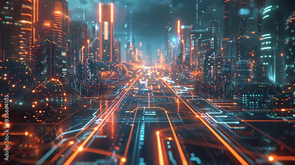 Close-Up of Smart City Infrastructure: Futuristic Innovations for Urban Living, Overlay layers with city background and holograms of technology icons are in the foreground, intersected by glowing