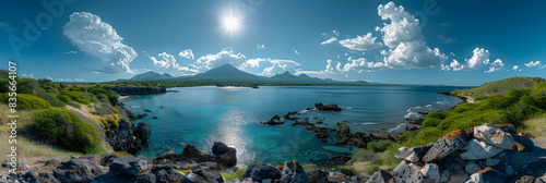 8k  panorama  Top view widescreen of Seascape The wonders of the Galapagos ecosystem  A tropical underwater scene with fish  coral reefs  and a diver in the blue ocean