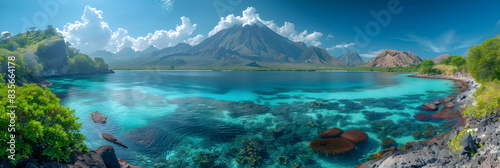 8k, panorama, Top view widescreen of Seascape The wonders of the Galapagos ecosystem, A tropical underwater scene with fish, coral reefs, and a diver in the blue ocean