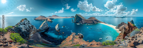 8k  panorama  Top view widescreen of Seascape The wonders of the Galapagos ecosystem  A tropical underwater scene with fish  coral reefs  and a diver in the blue ocean