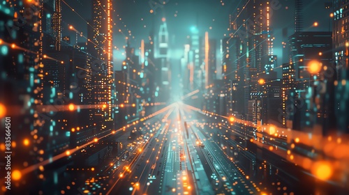 Close-Up of Coding Bootcamp Innovations: Accelerating Tech Careers with Intensive Training, Overlay layers with city background and holograms of technology icons are in the foreground, intersected by