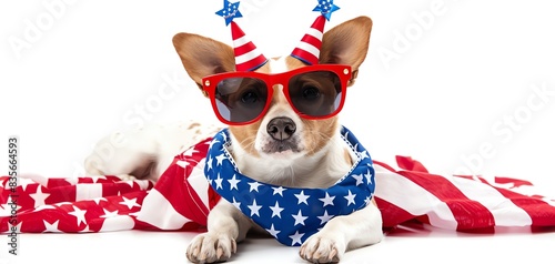 Cute dog wearing patriotic sunglasses and hat, wrapped in American flag, celebrating Independence Day. Perfect for festive and holiday themes.