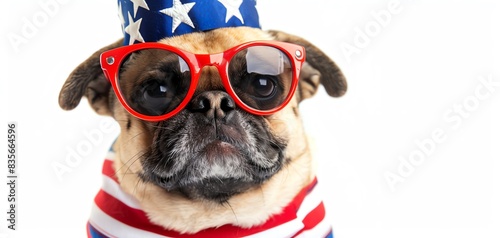 Cute pug dog wearing patriotic American-themed glasses and outfit, celebrating Independence Day, isolated on white background.
