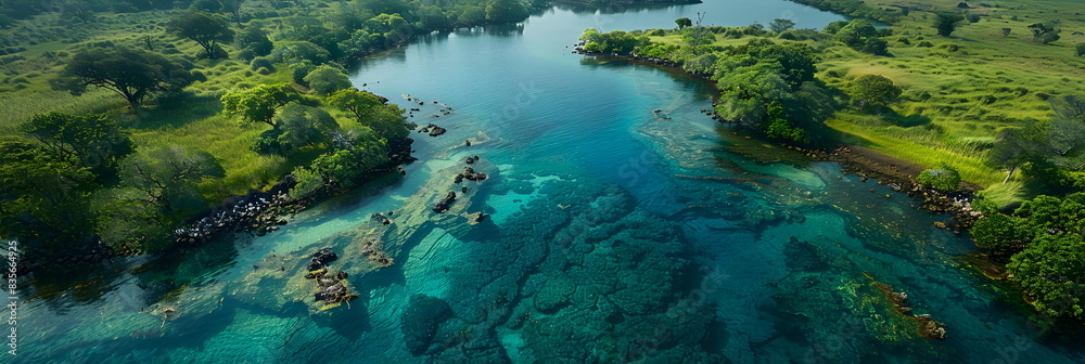 8k, panorama, Top view widescreen of Seascape The wonders of the Galapagos ecosystem, A tropical underwater scene with fish, coral reefs, and a diver in the blue ocean