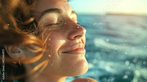 A woman is standing on the beach, feeling the wind in her hair and the warmth of the sun on her closed eyes. Her happy gesture reflects the joy of being in the moment AIG50