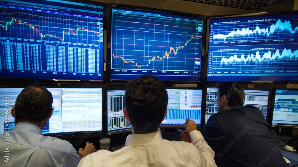 Traders analyzing financial markets on screens - Three traders closely monitoring financial data on multiple computer screens, analyzing live market trends Traders analyzing financial markets on screens - Three traders closely monitoring financial data on multiple computer screens, analyzing live market trends