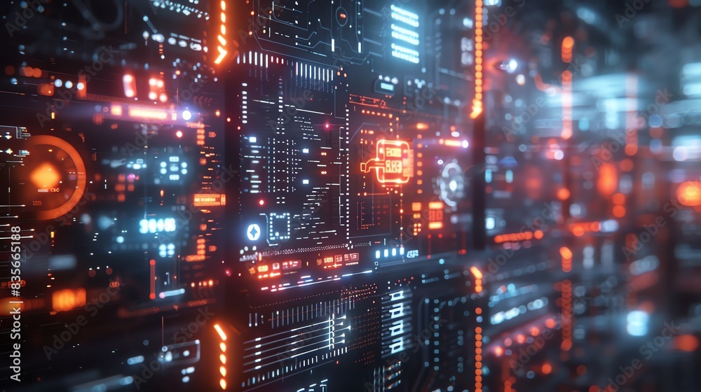 Fish Close-Up: Vibrant Underwater Worlds in Futuristic Detail, Overlay layers with city background and holograms of technology icons are in the foreground, intersected by glowing neon lines, Fish Close-Up: Vibrant Underwater Worlds in Futuristic Detail, Overlay layers with city background and holograms of technology icons are in the foreground, intersected by glowing neon lines,