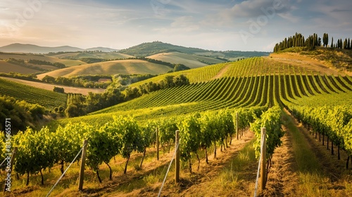 A picturesque vineyard nestled in the rolling hills of the countryside, with rows of grapevines basking in the warm glow of the afternoon sun.