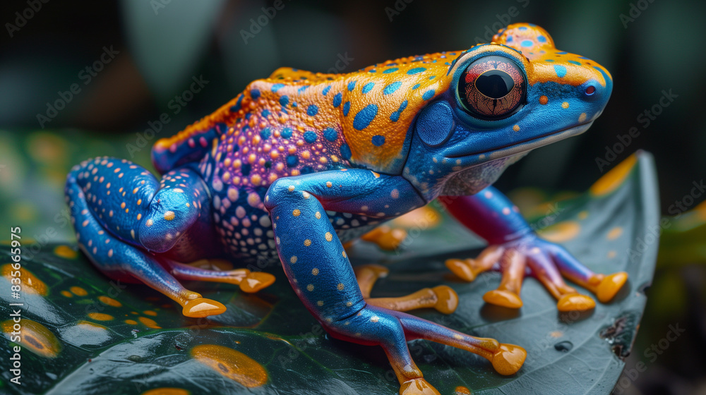 An exotic poison dart frog with vivid blue and orange spots, sitting on a green leaf. An exotic poison dart frog with vivid blue and orange spots, sitting on a green leaf.