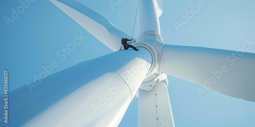A photorealistic depiction of a wind turbine technician rappelling down generated by AI photo