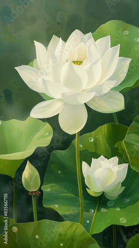 Serene white lotus flowers and buds, glistening with dew on a lush green backdrop	
