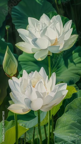 Serene white lotus flowers and buds, glistening with dew on a lush green backdrop	
