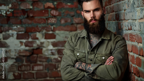 A male model with a full beard and tattoos, dressed in urban streetwear, leaning casually against a brick wall in a studio with moody, dim lighting