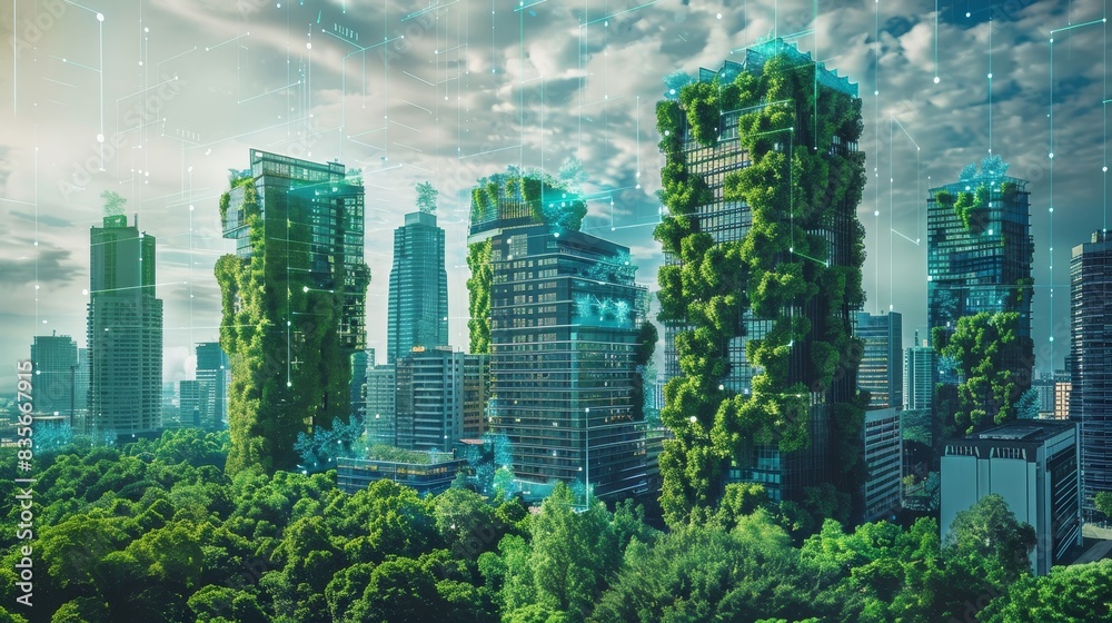 Obraz premium A futuristic city with eco-friendly skyscrapers covered in greenery, showcasing advanced urban design and sustainable architecture.